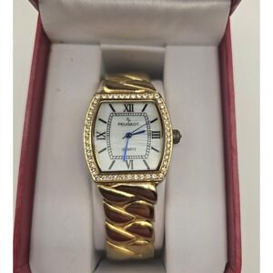 Peugeot 7099G Gold Tone Crystal Bezel Bracelet Watch Women's W/ Box -2896